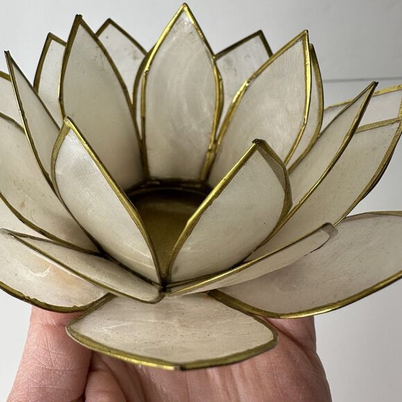 Capiz Shell Lotus Tealight Candle Holder Cork Bottom Brass Trim Delicate - Picture 9 of 14